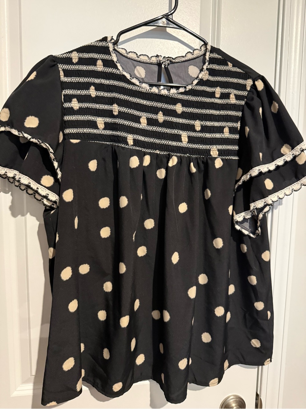 SHEIN Black Blouse with Cream Polka Dots - Smocked Yoke